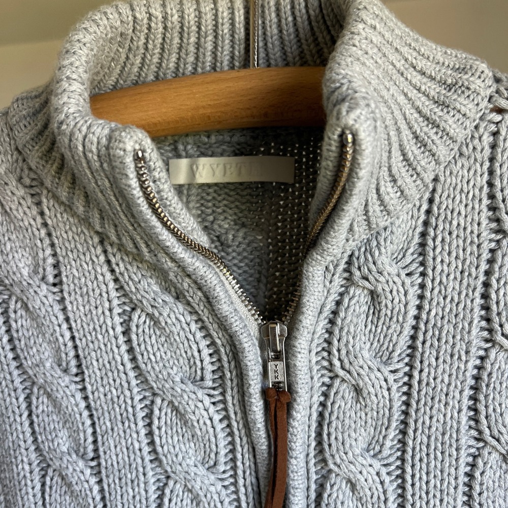 Wyeth Cable Knit Zip Cardigan Sweater Cotton Fisherman Gray Minimalist Mock Neck - Picture 11 of 11